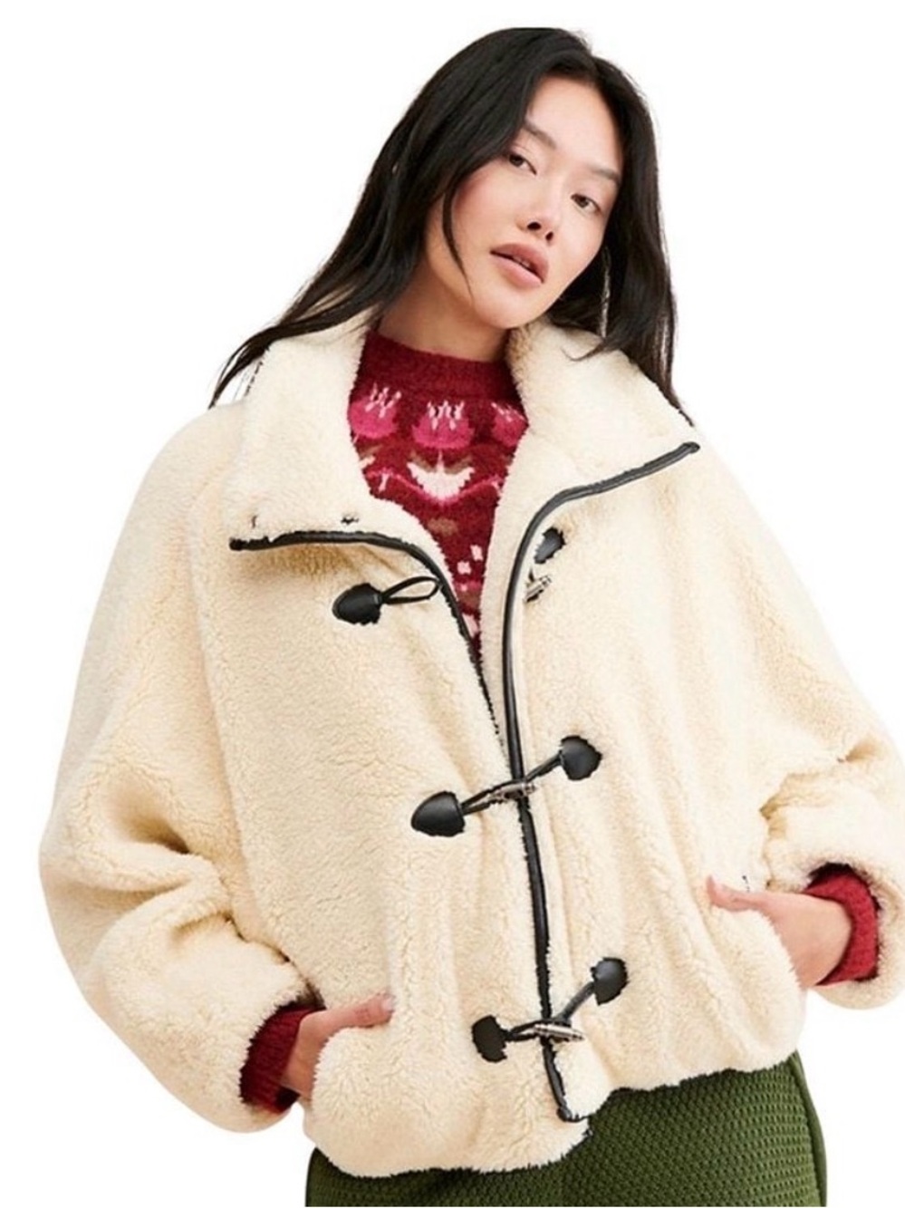 Free People Cream Sherpa Toggle Coat with Black Trim